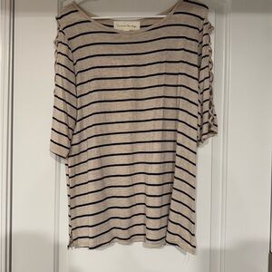 French Laundry Beige and Navy Striped Short Sleeve Top